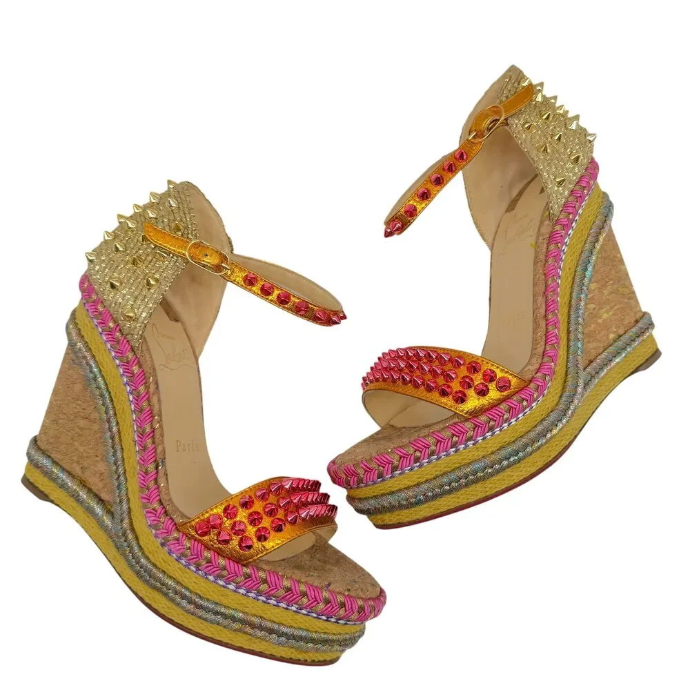 Christian Louboutin Metallic Pink & Gold Spike Embellished Cork Wedge Sandals